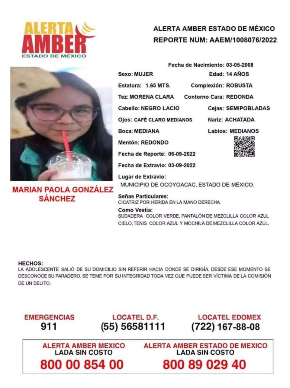 Reportan a adolescente de 14 años desaparecida en Ocoyoacac